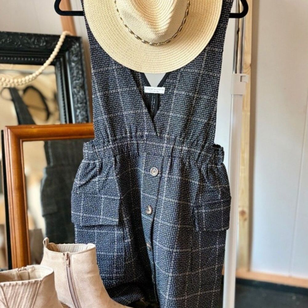Paper Crane Black White Check Pinafore Dress Button Front Pockets